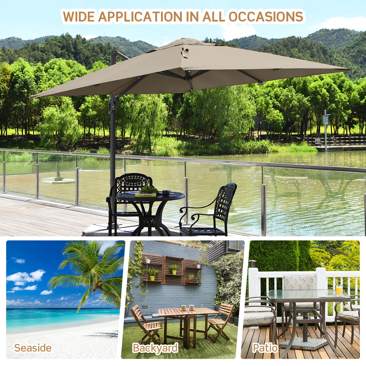 10x10 Feet Patio Cantilever Umbrella, Aluminum 360-Degree Rotation Tilt, Coffee Outdoor Umbrellas at Gallery Canada