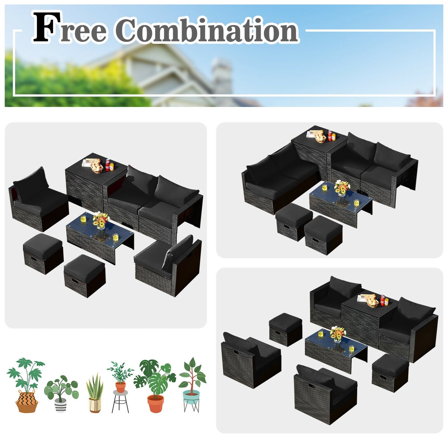 8 Piece Rattan Patio Storage Table Set, Black Outdoor Sectionals at Gallery Canada