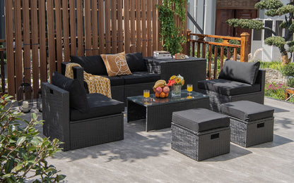 8 Piece Rattan Patio Storage Table Set, Black Outdoor Sectionals at Gallery Canada