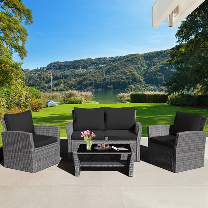 4 Piece Patio Rattan Furniture Set, Sofa Table With Storage Shelf Cushion, Black Patio Conversation Sets at Gallery Canada