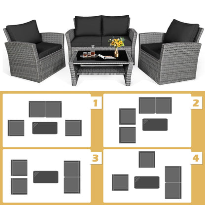 4 Piece Patio Rattan Furniture Set, Sofa Table With Storage Shelf Cushion, Black Patio Conversation Sets at Gallery Canada