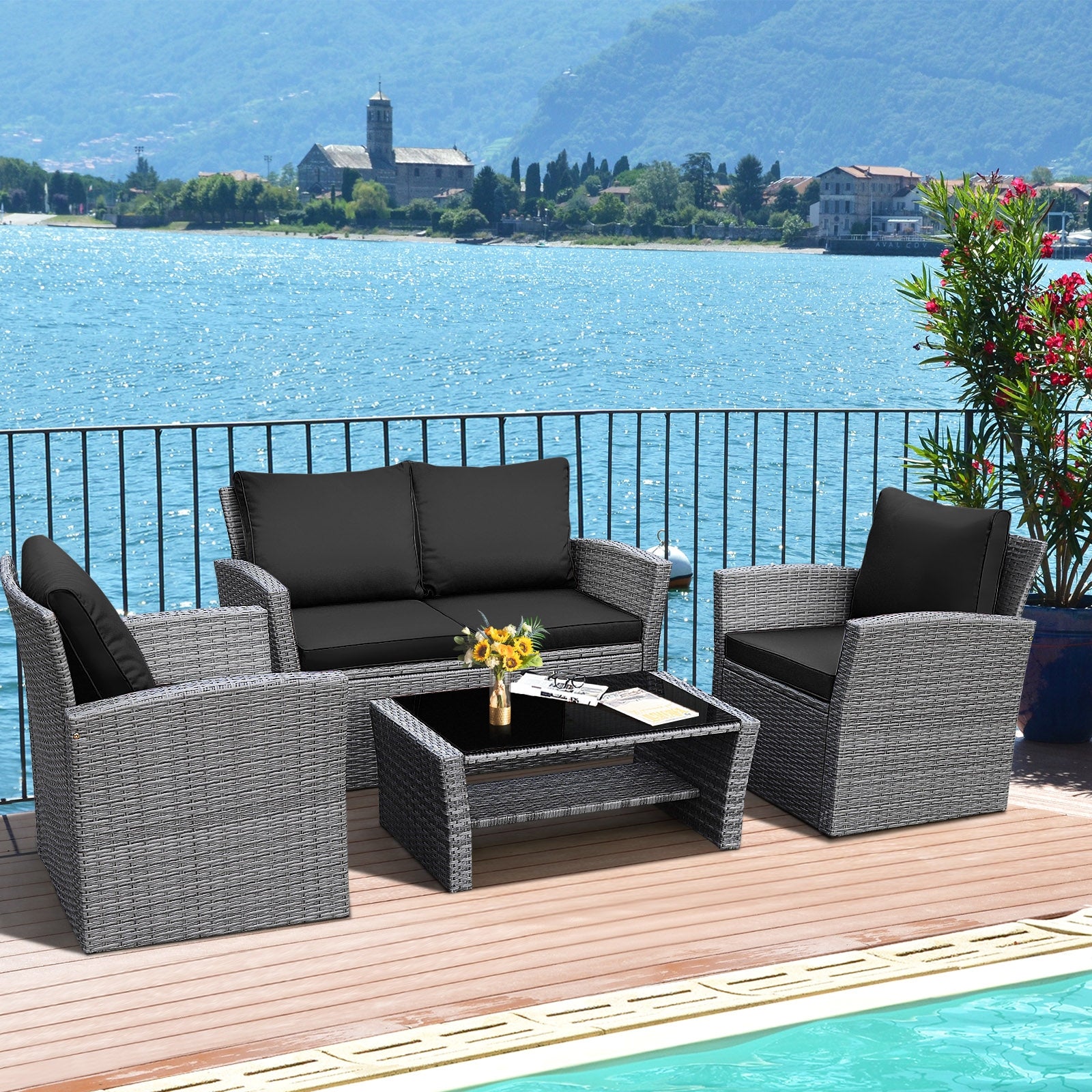 4 Piece Patio Rattan Furniture Set, Sofa Table With Storage Shelf Cushion, Black Patio Conversation Sets at Gallery Canada