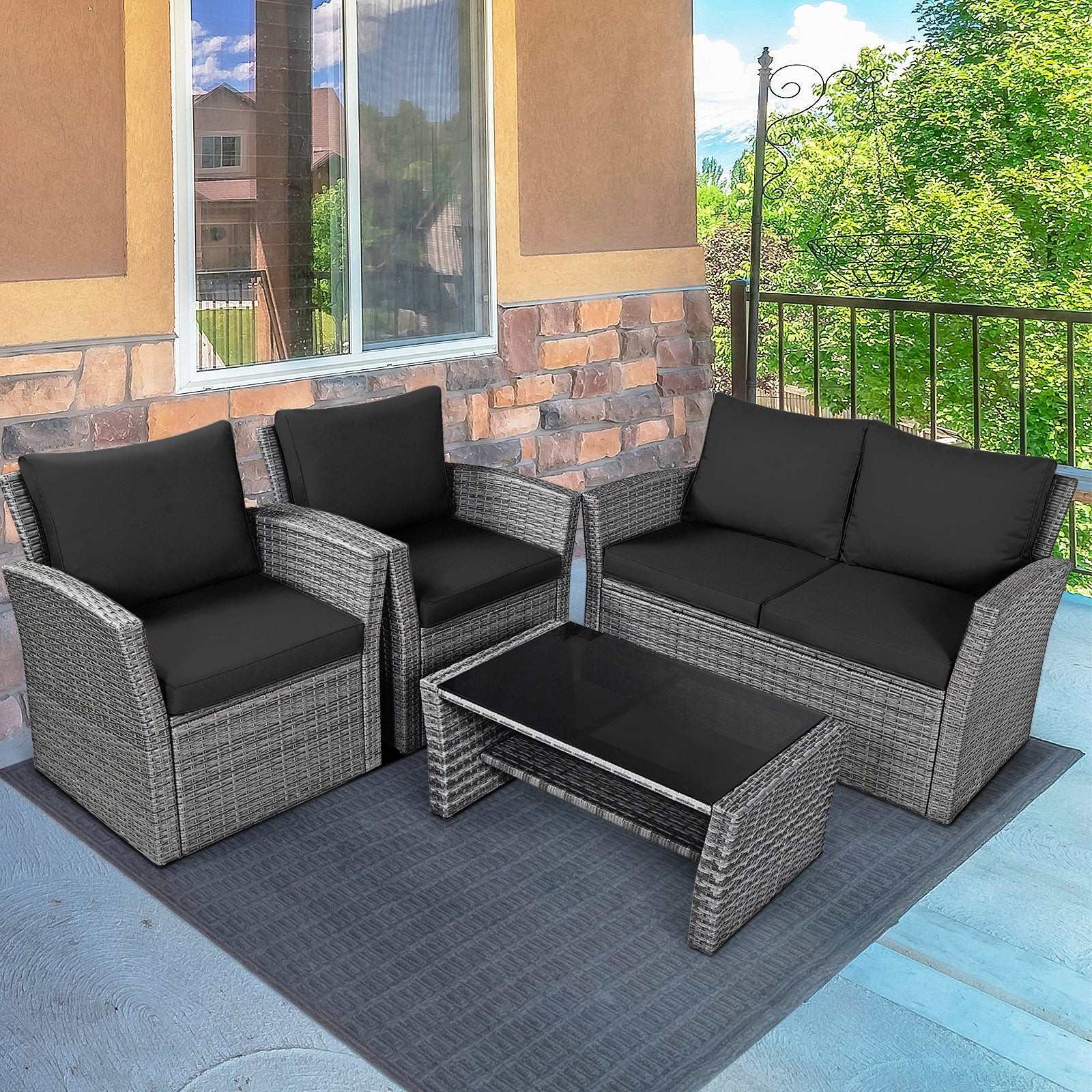 4 Piece Patio Rattan Furniture Set, Sofa Table With Storage Shelf Cushion, Black Patio Conversation Sets at Gallery Canada