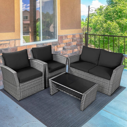 4 Piece Patio Rattan Furniture Set, Sofa Table With Storage Shelf Cushion, Black Patio Conversation Sets at Gallery Canada