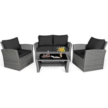 4 Piece Patio Rattan Furniture Set, Sofa Table With Storage Shelf Cushion, Black Patio Conversation Sets at Gallery Canada