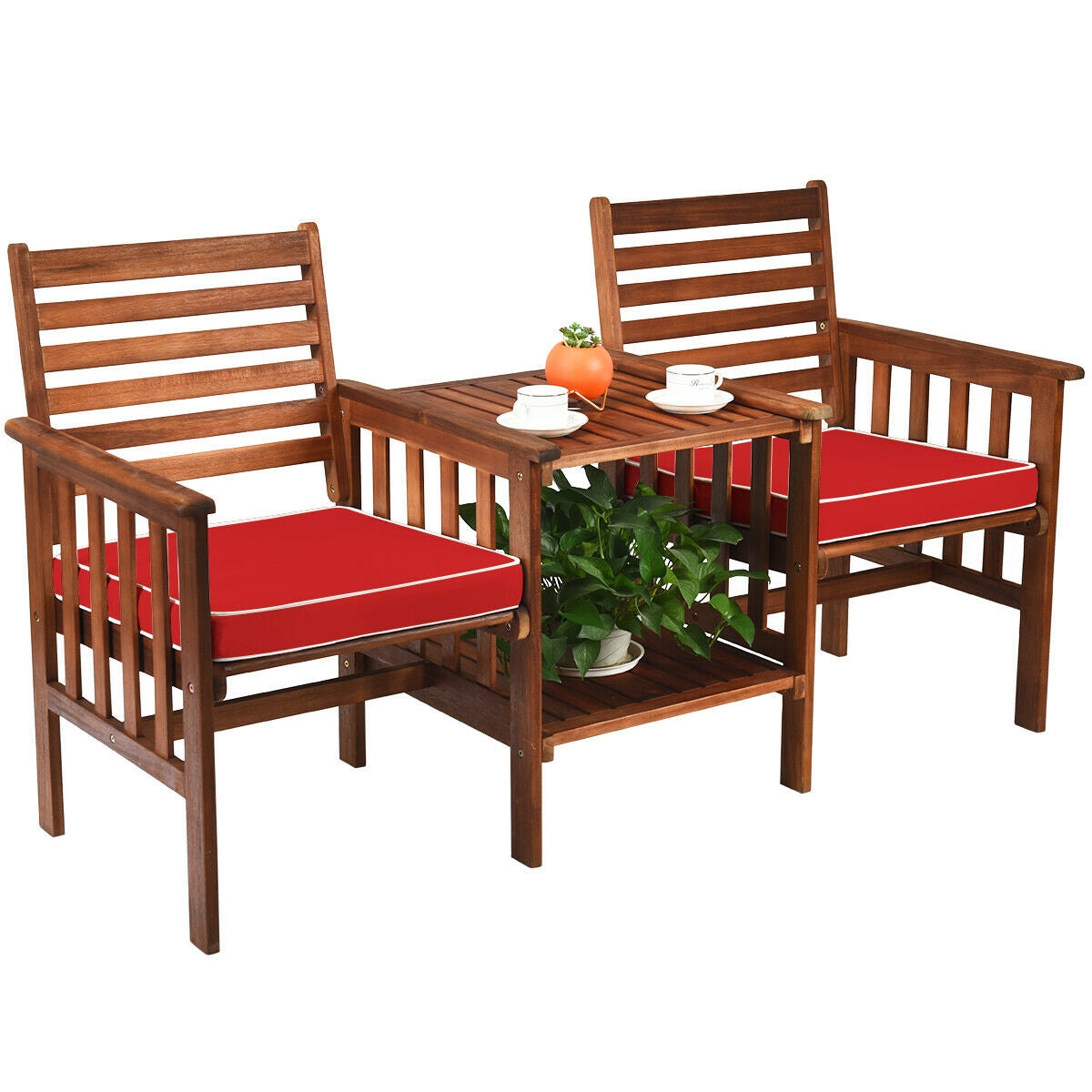 3 Pcs Outdoor Patio Table Chairs Set, Acacia Wood Loveseat, Red Patio Conversation Sets at Gallery Canada