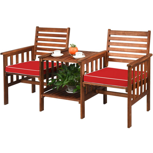 3 Pcs Outdoor Patio Table Chairs Set, Acacia Wood Loveseat, Red