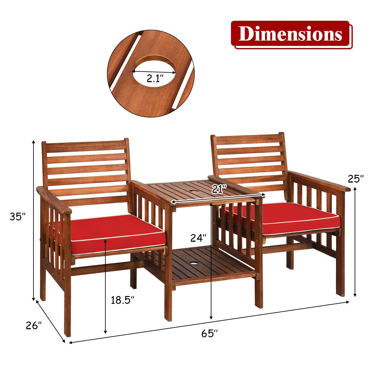 3 Pcs Outdoor Patio Table Chairs Set, Acacia Wood Loveseat, Red Patio Conversation Sets at Gallery Canada
