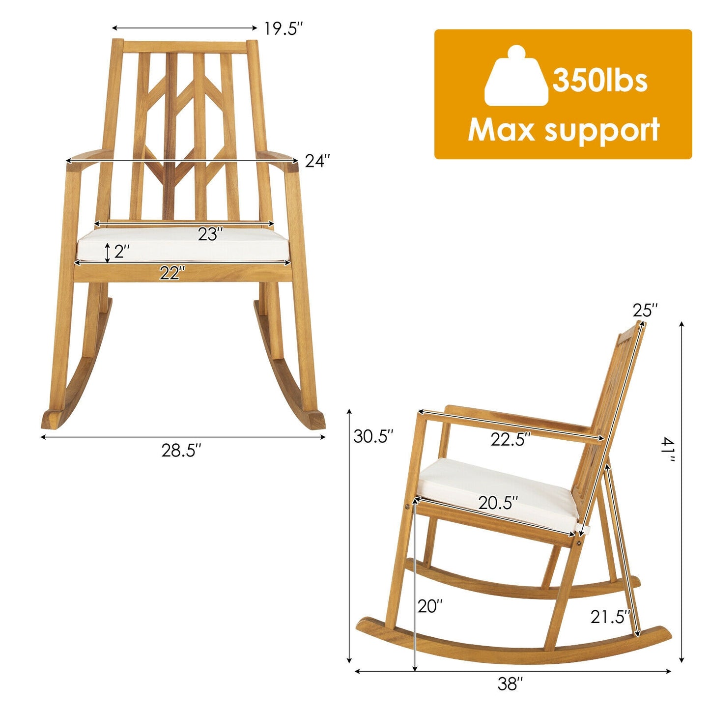 Acacia Wood Rocking Chair Sofa With Armrest, Cushion, White Patio Rocking Chairs & Gliders at Gallery Canada