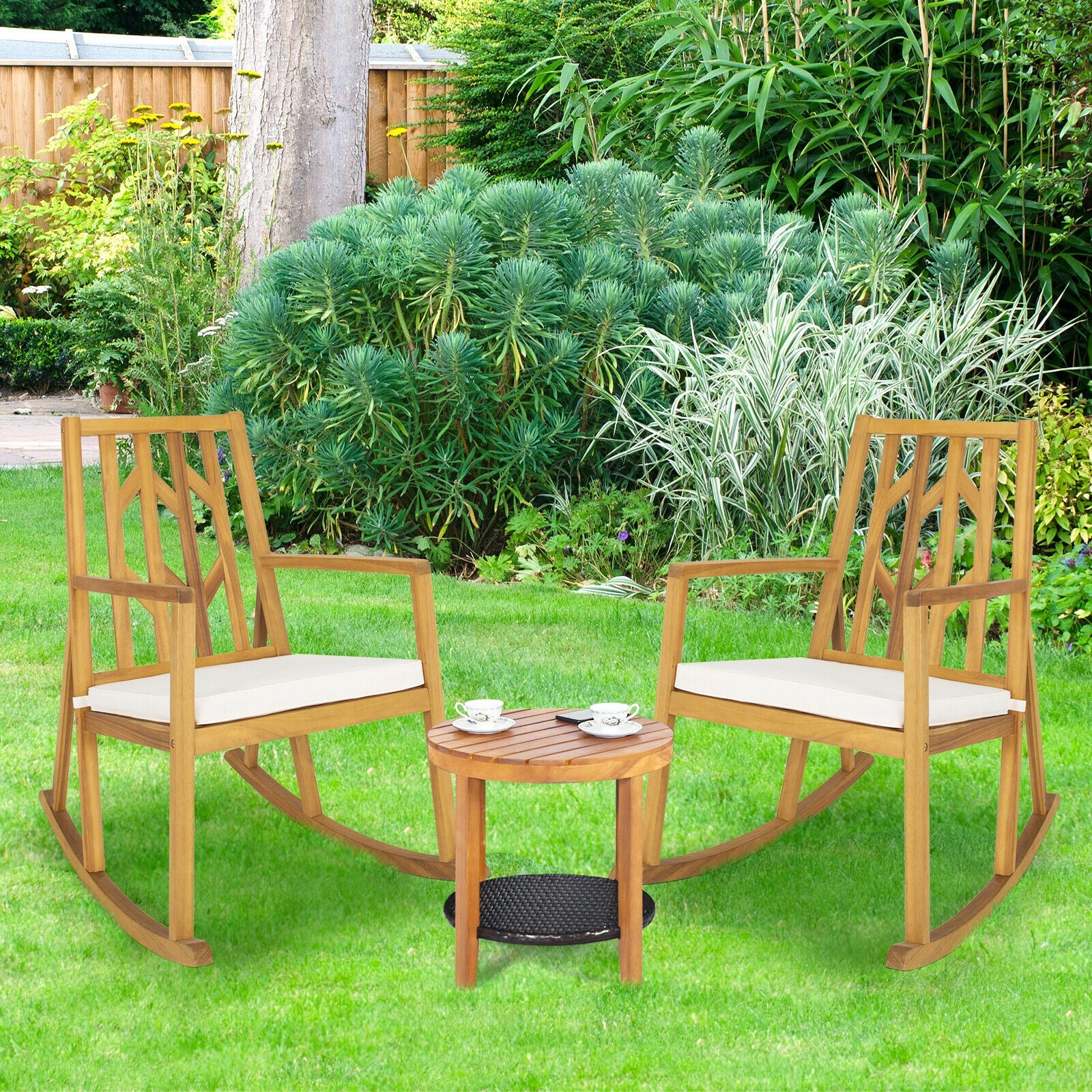 Acacia Wood Rocking Chair Sofa With Armrest, Cushion, White Patio Rocking Chairs & Gliders at Gallery Canada