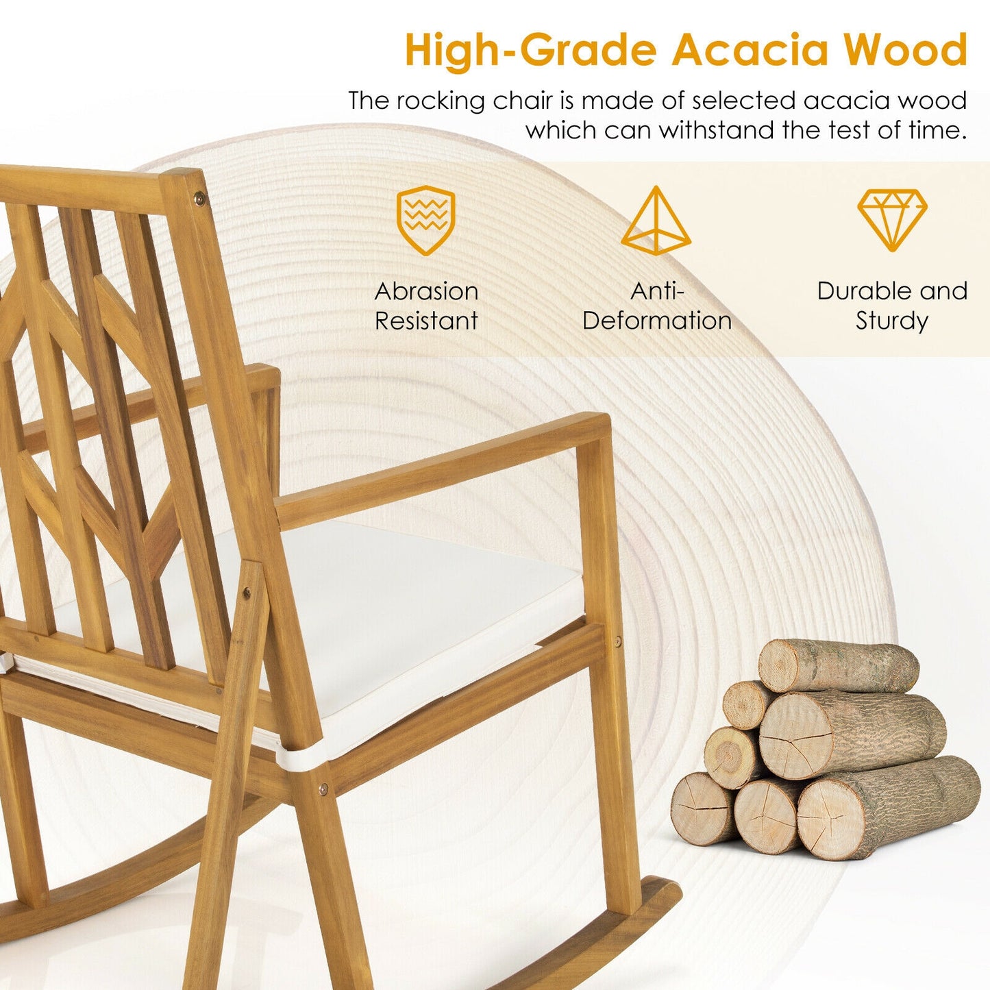 Acacia Wood Rocking Chair Sofa With Armrest, Cushion, White Patio Rocking Chairs & Gliders at Gallery Canada