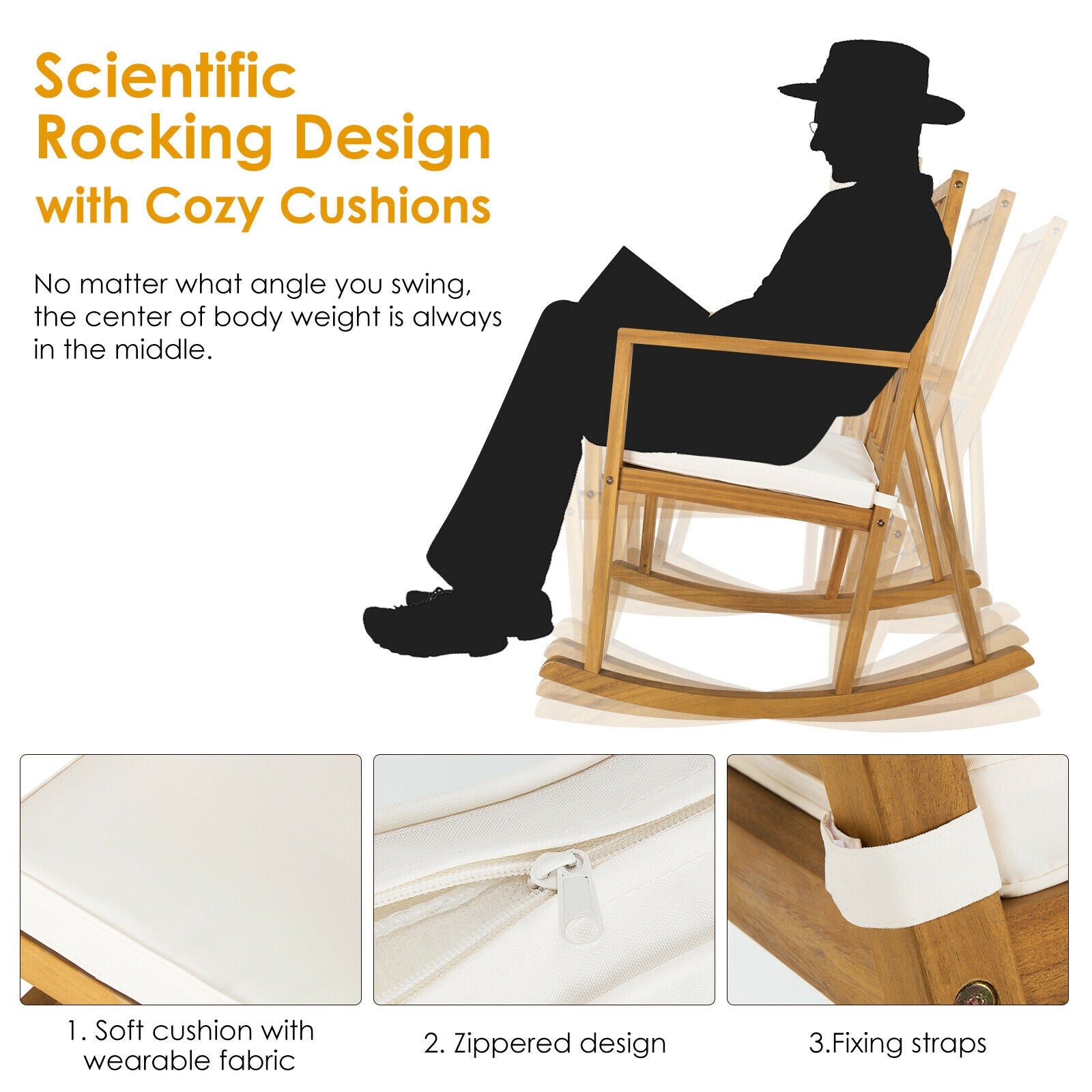Acacia Wood Rocking Chair Sofa With Armrest, Cushion, White Patio Rocking Chairs & Gliders at Gallery Canada