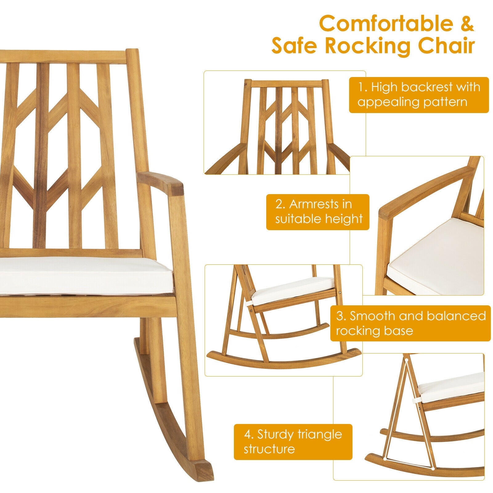 Acacia Wood Rocking Chair Sofa With Armrest, Cushion, White Patio Rocking Chairs & Gliders at Gallery Canada