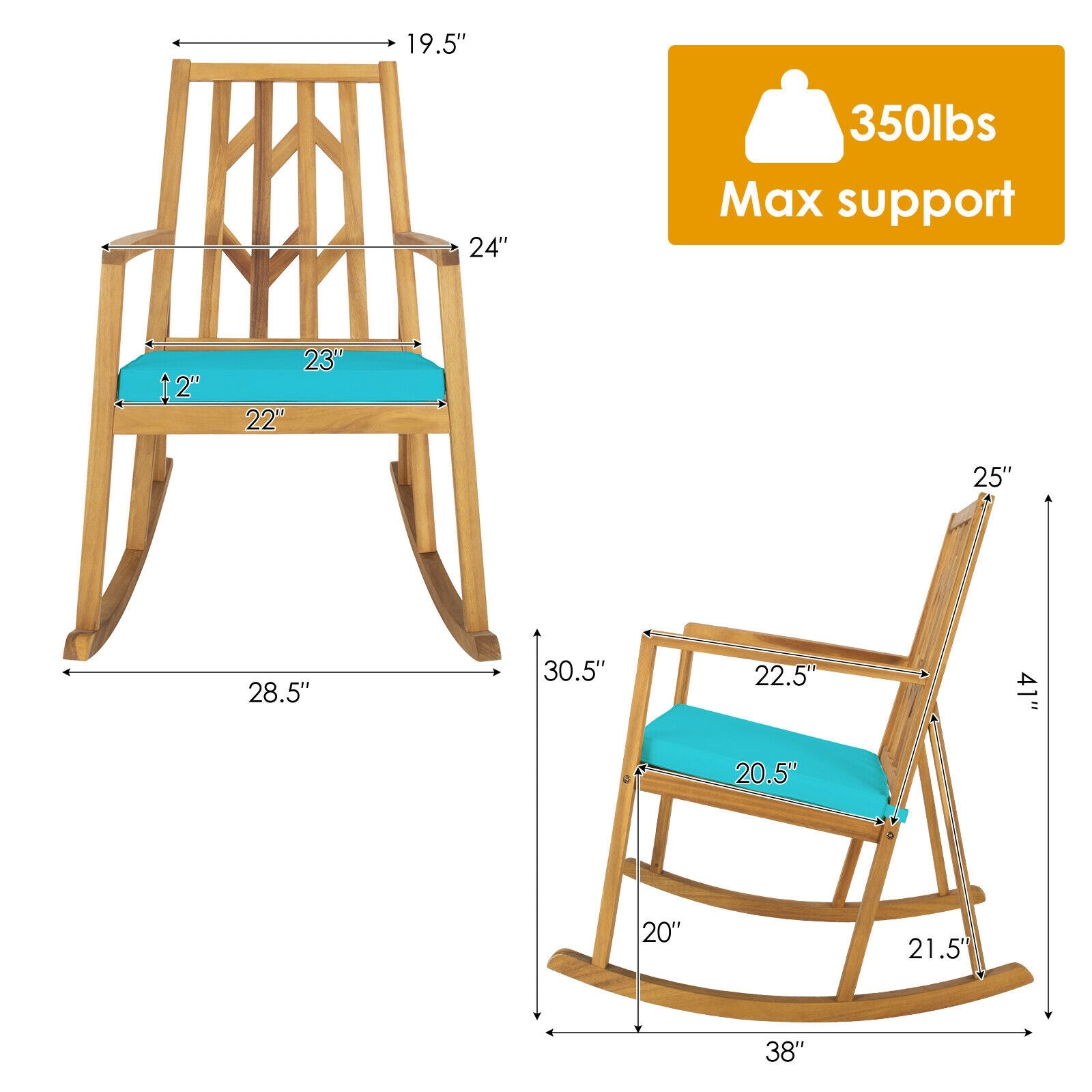 Acacia Wood Rocking Chair Sofa, With Armrest And Cushion, Turquoise Patio Rocking Chairs & Gliders at Gallery Canada
