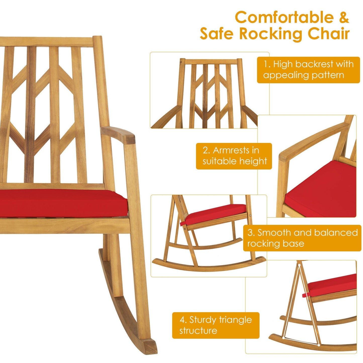 Acacia Wood Rocking Chair Sofa With Armrest And Cushion, Red Patio Rocking Chairs & Gliders at Gallery Canada