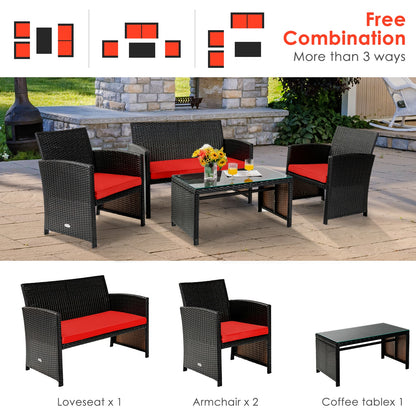 4 Piece Patio Rattan Cushioned Furniture Set, Red Patio Conversation Sets at Gallery Canada