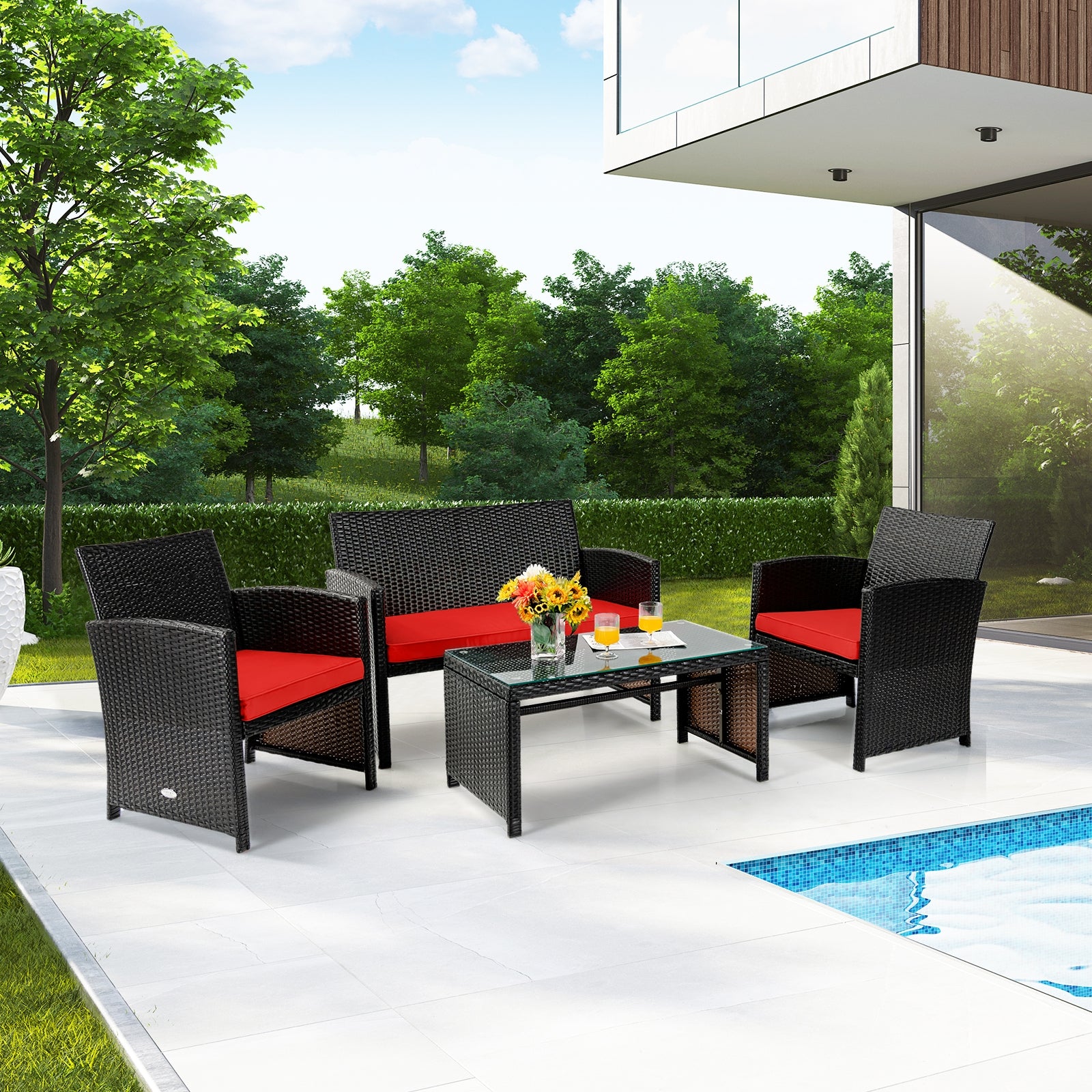 4 Piece Patio Rattan Cushioned Furniture Set, Red Patio Conversation Sets at Gallery Canada