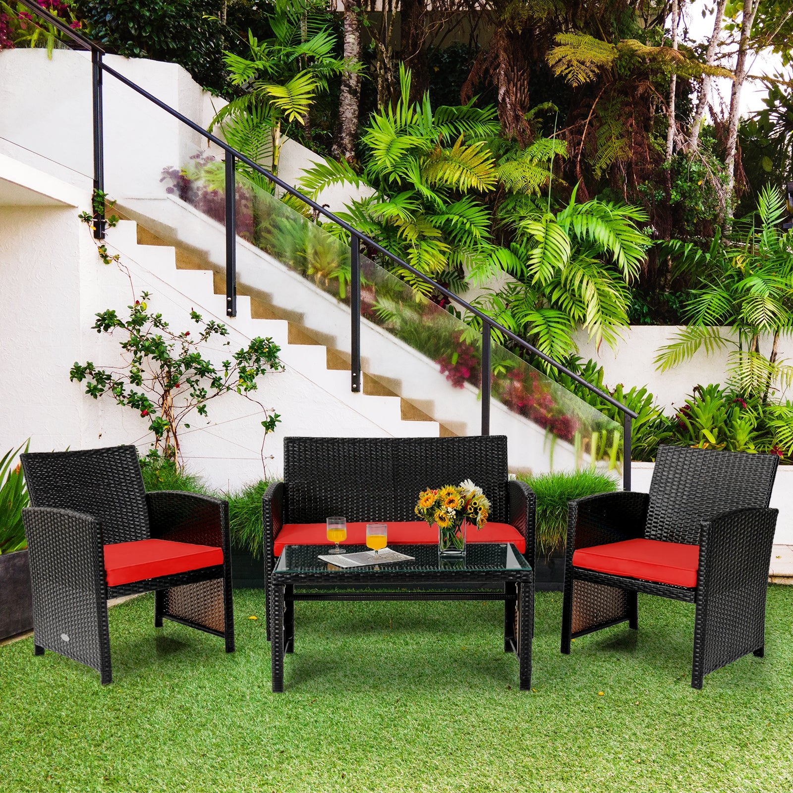 4 Piece Patio Rattan Cushioned Furniture Set, Red Patio Conversation Sets at Gallery Canada