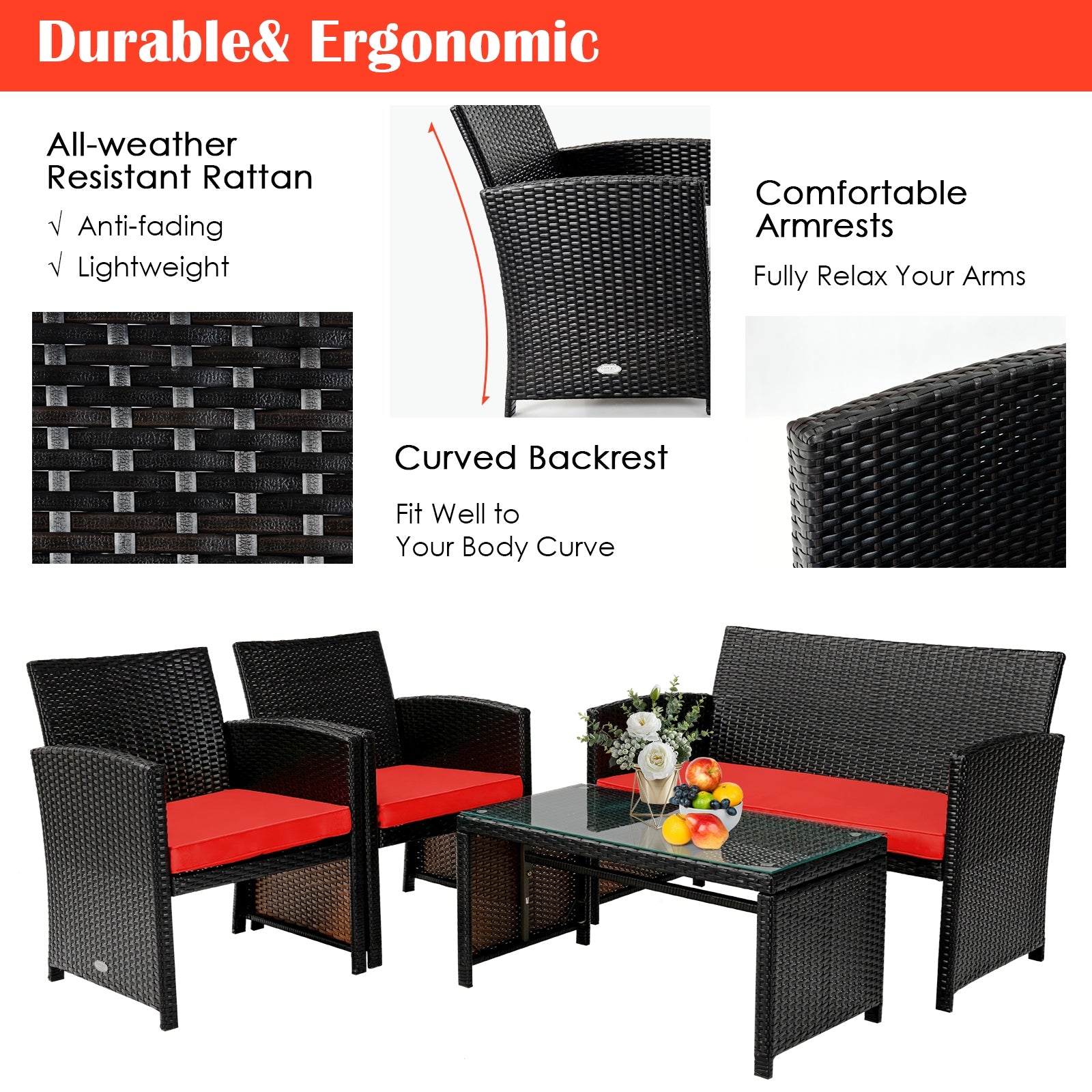 4 Piece Patio Rattan Cushioned Furniture Set, Red Patio Conversation Sets at Gallery Canada