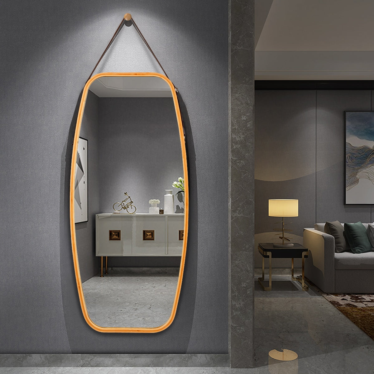 Modern Bamboo Frame Mirror With Adjustable Leather Strap, Natural Wall Mirrors at Gallery Canada