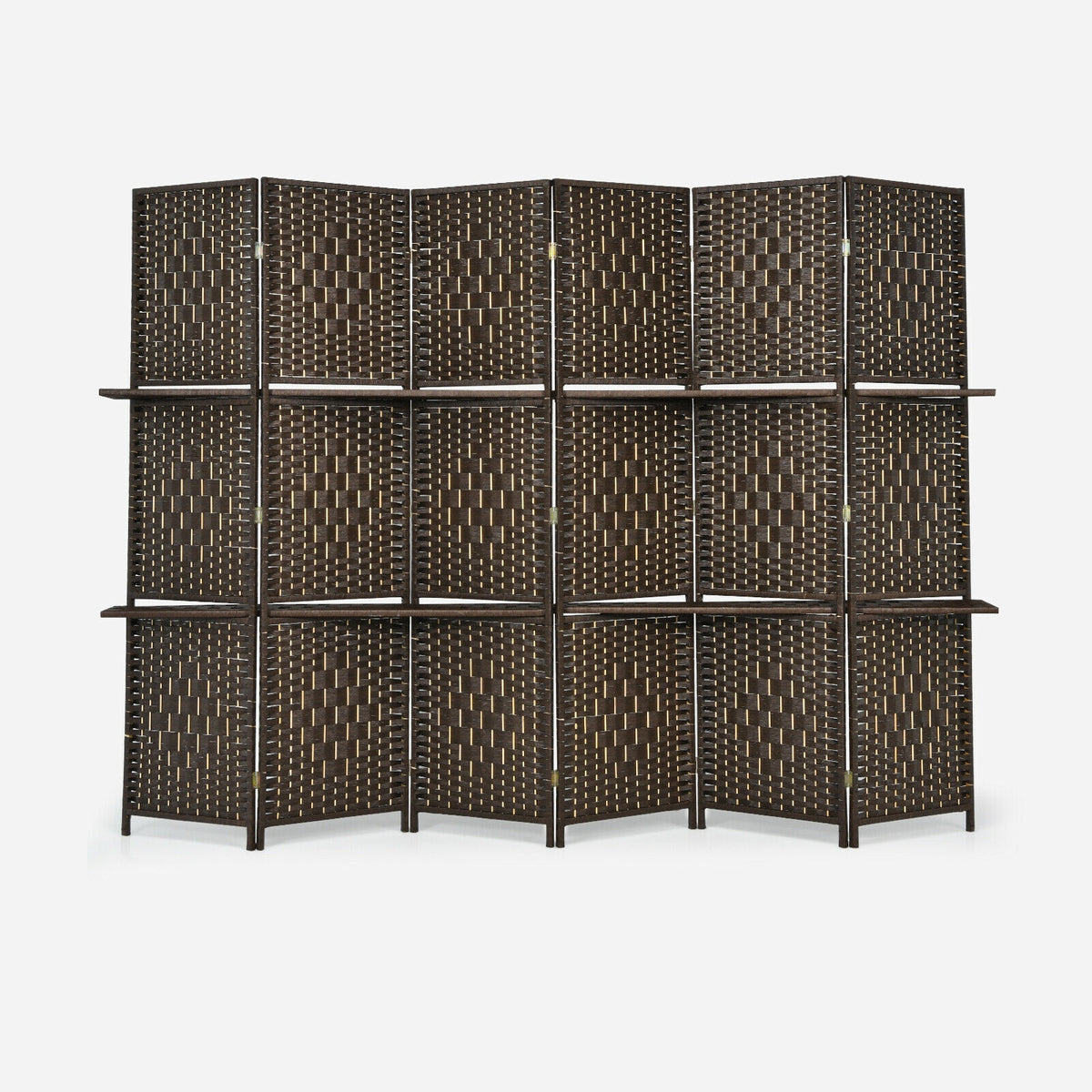6 Panel Folding Weave Fiber Room Divider, 2 Display Shelves, Brown Room Dividers at Gallery Canada