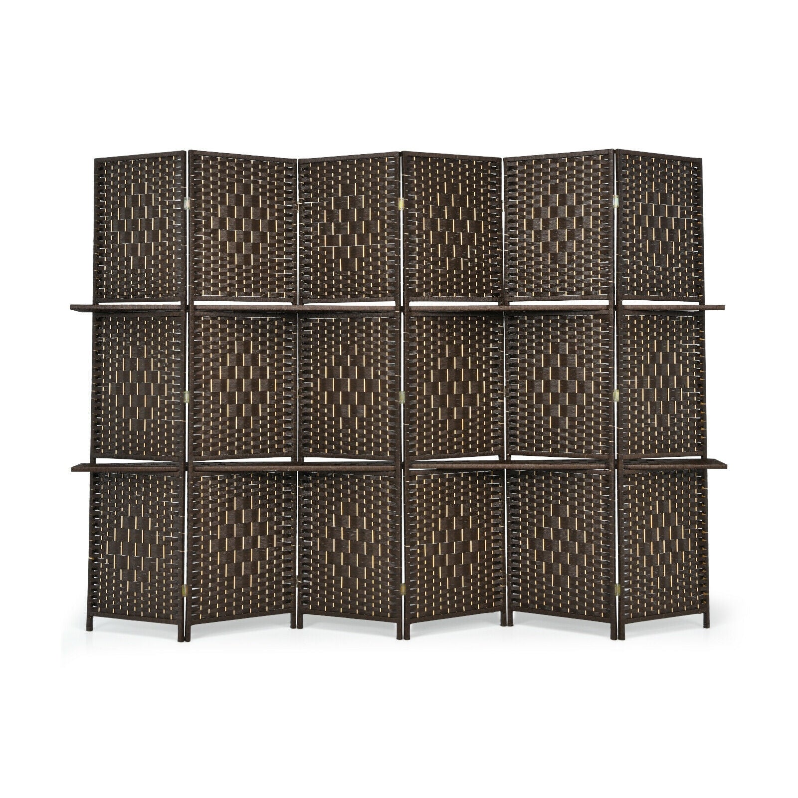 6 Panel Folding Weave Fiber Room Divider, 2 Display Shelves, Brown Room Dividers at Gallery Canada