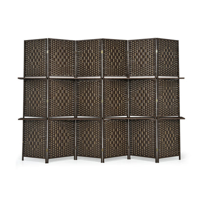 6 Panel Folding Weave Fiber Room Divider, 2 Display Shelves, Brown Room Dividers at Gallery Canada