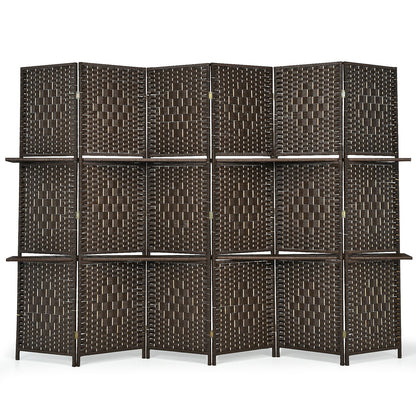 6 Panel Folding Weave Fiber Room Divider, 2 Display Shelves, Brown Room Dividers at Gallery Canada