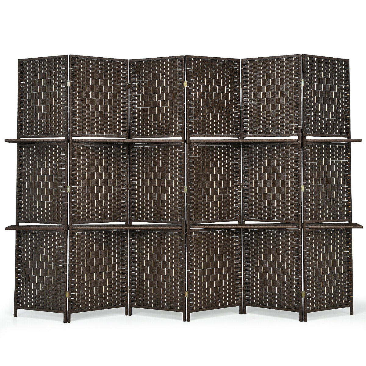 6 Panel Folding Weave Fiber Room Divider, 2 Display Shelves, Brown Room Dividers Brown at Gallery Canada