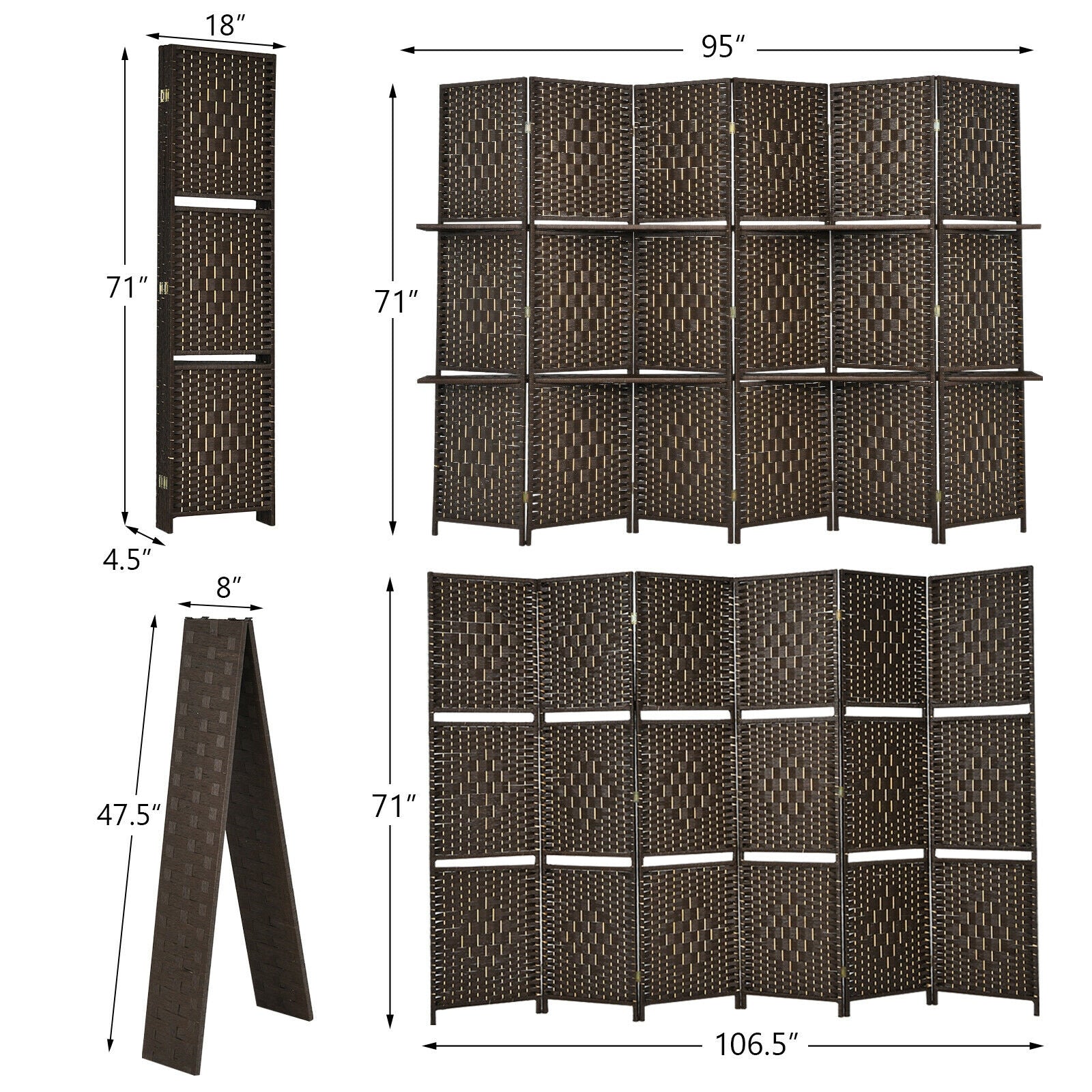 6 Panel Folding Weave Fiber Room Divider, 2 Display Shelves, Brown Room Dividers at Gallery Canada