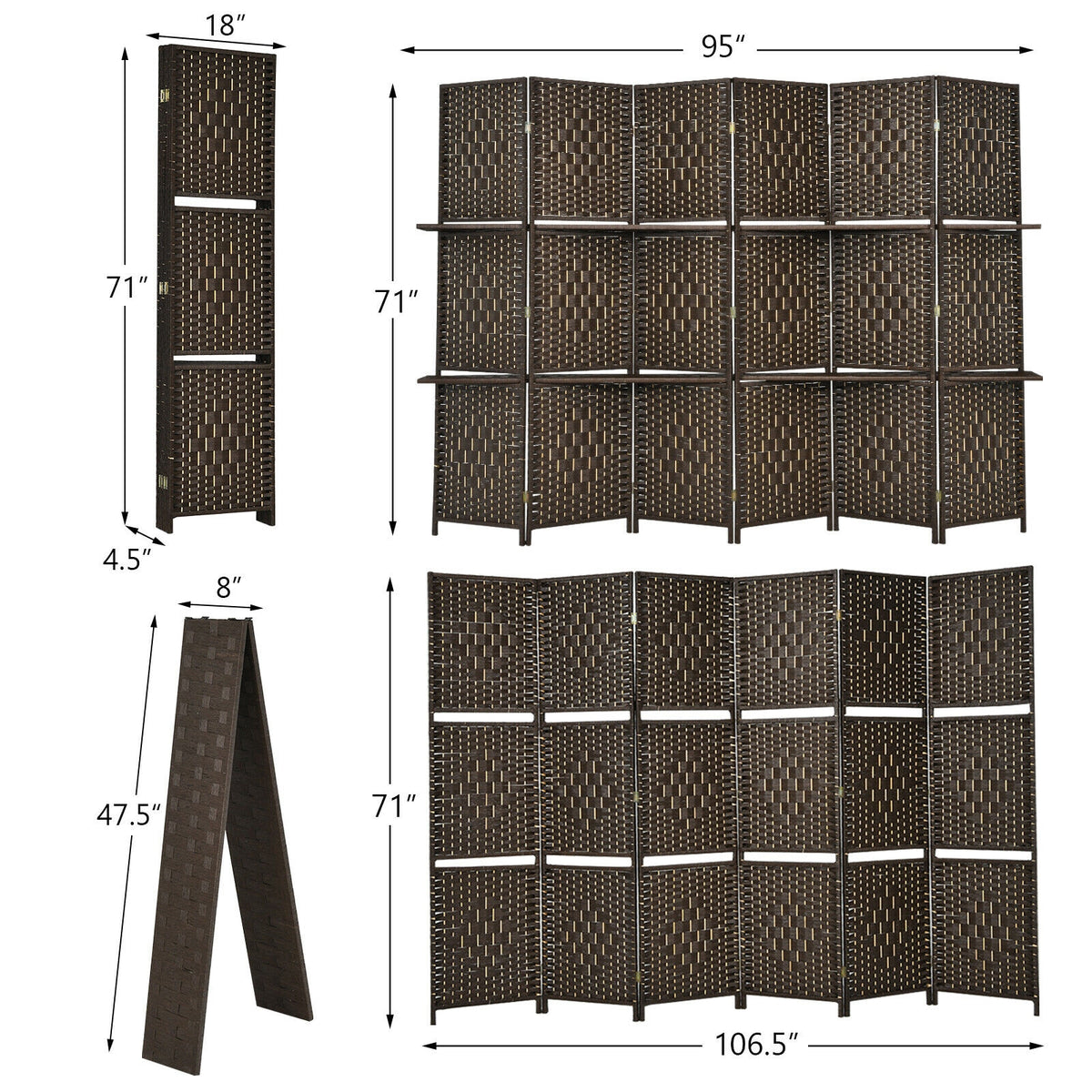 6 Panel Folding Weave Fiber Room Divider, 2 Display Shelves, Brown Room Dividers at Gallery Canada