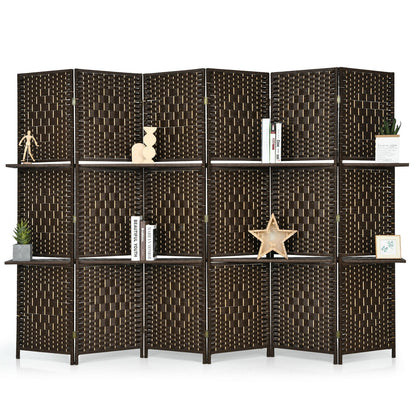 6 Panel Folding Weave Fiber Room Divider, 2 Display Shelves, Brown Room Dividers at Gallery Canada