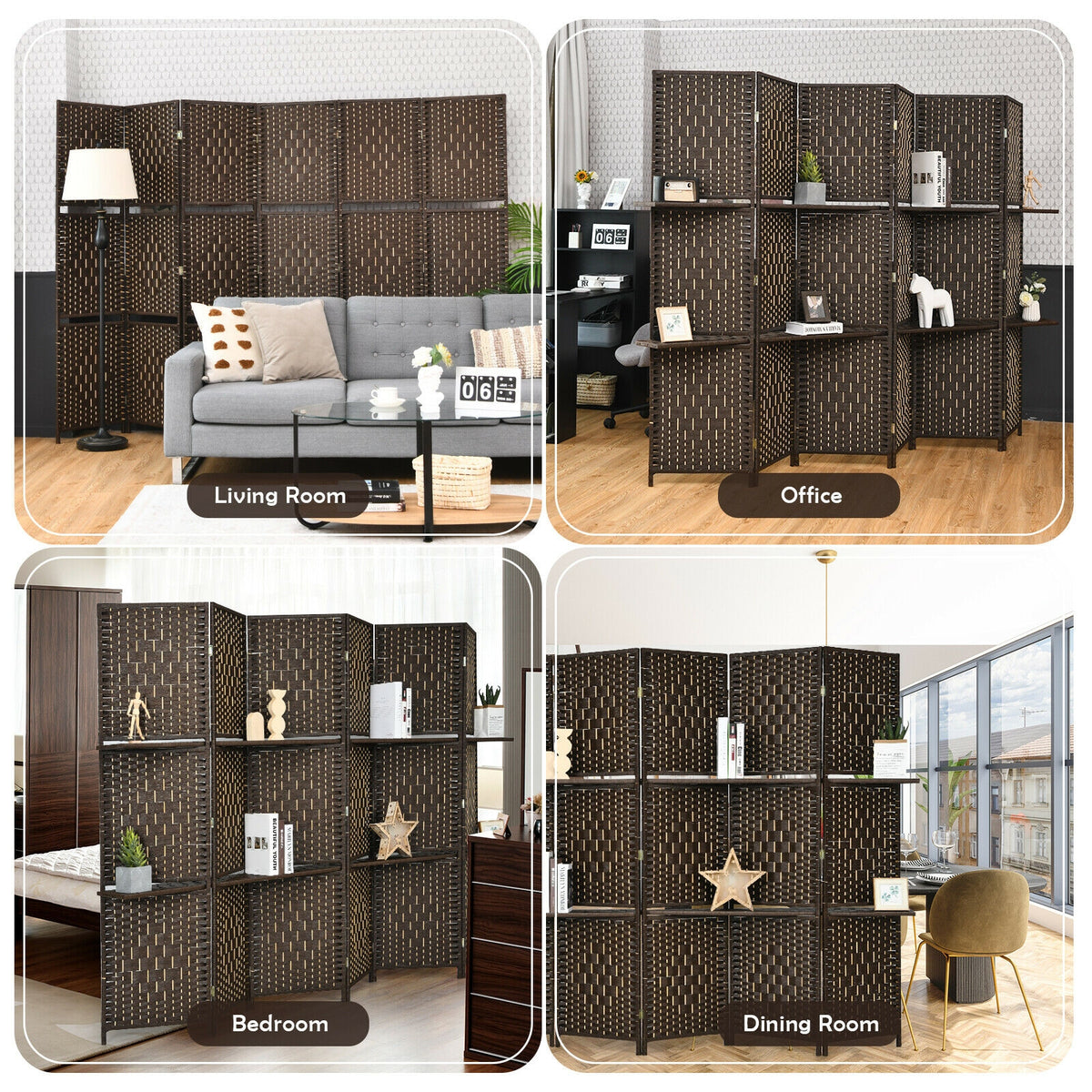 6 Panel Folding Weave Fiber Room Divider, 2 Display Shelves, Brown Room Dividers at Gallery Canada