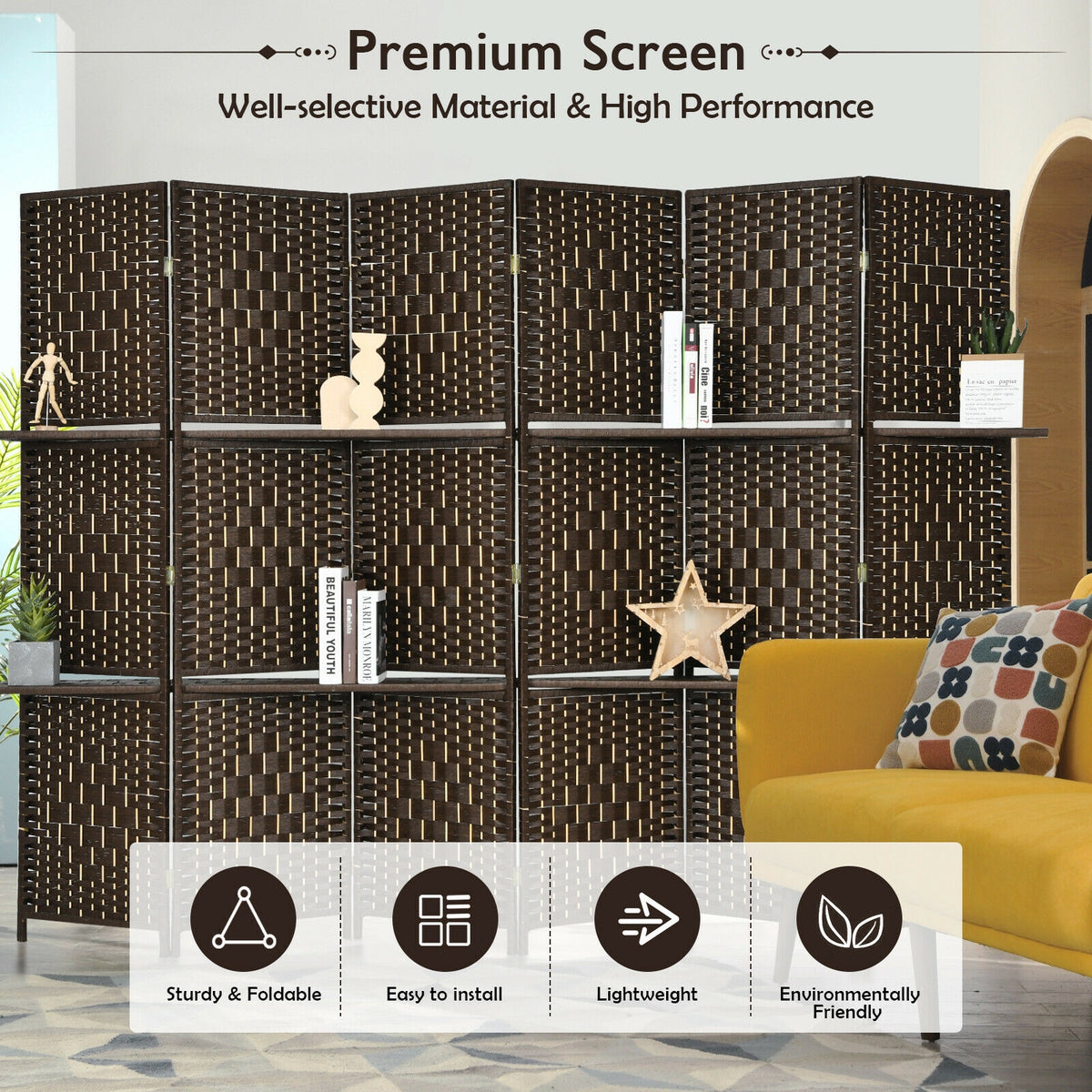 6 Panel Folding Weave Fiber Room Divider, 2 Display Shelves, Brown Room Dividers at Gallery Canada