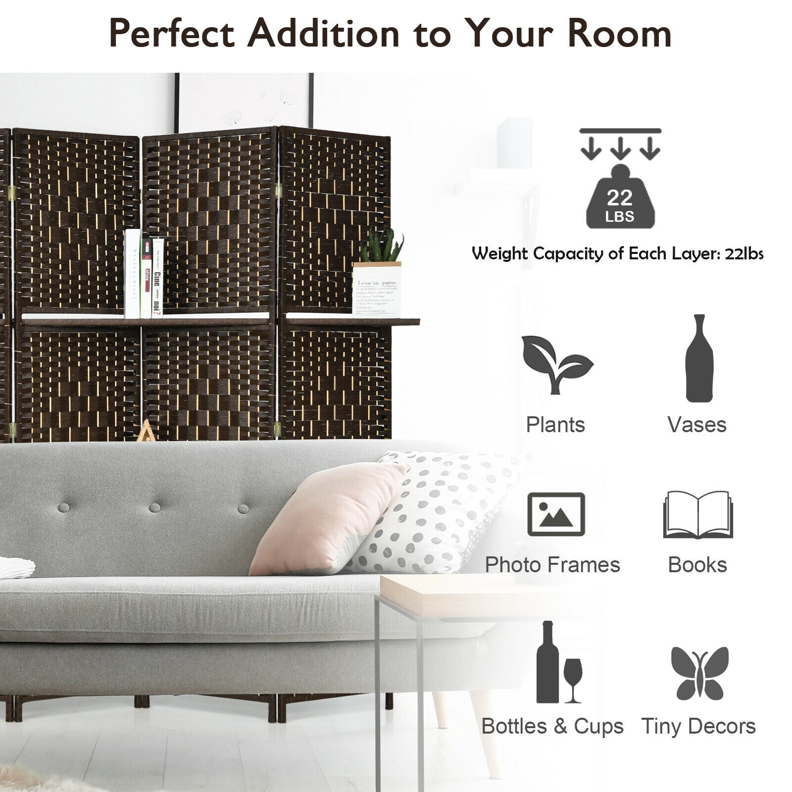 6 Panel Folding Weave Fiber Room Divider, 2 Display Shelves, Brown Room Dividers at Gallery Canada