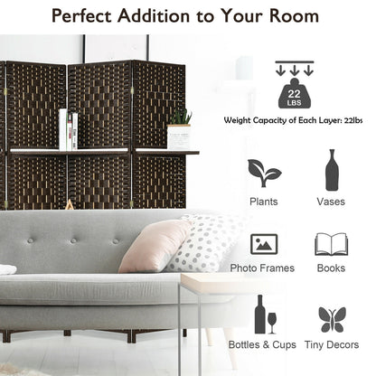 6 Panel Folding Weave Fiber Room Divider, 2 Display Shelves, Brown Room Dividers at Gallery Canada