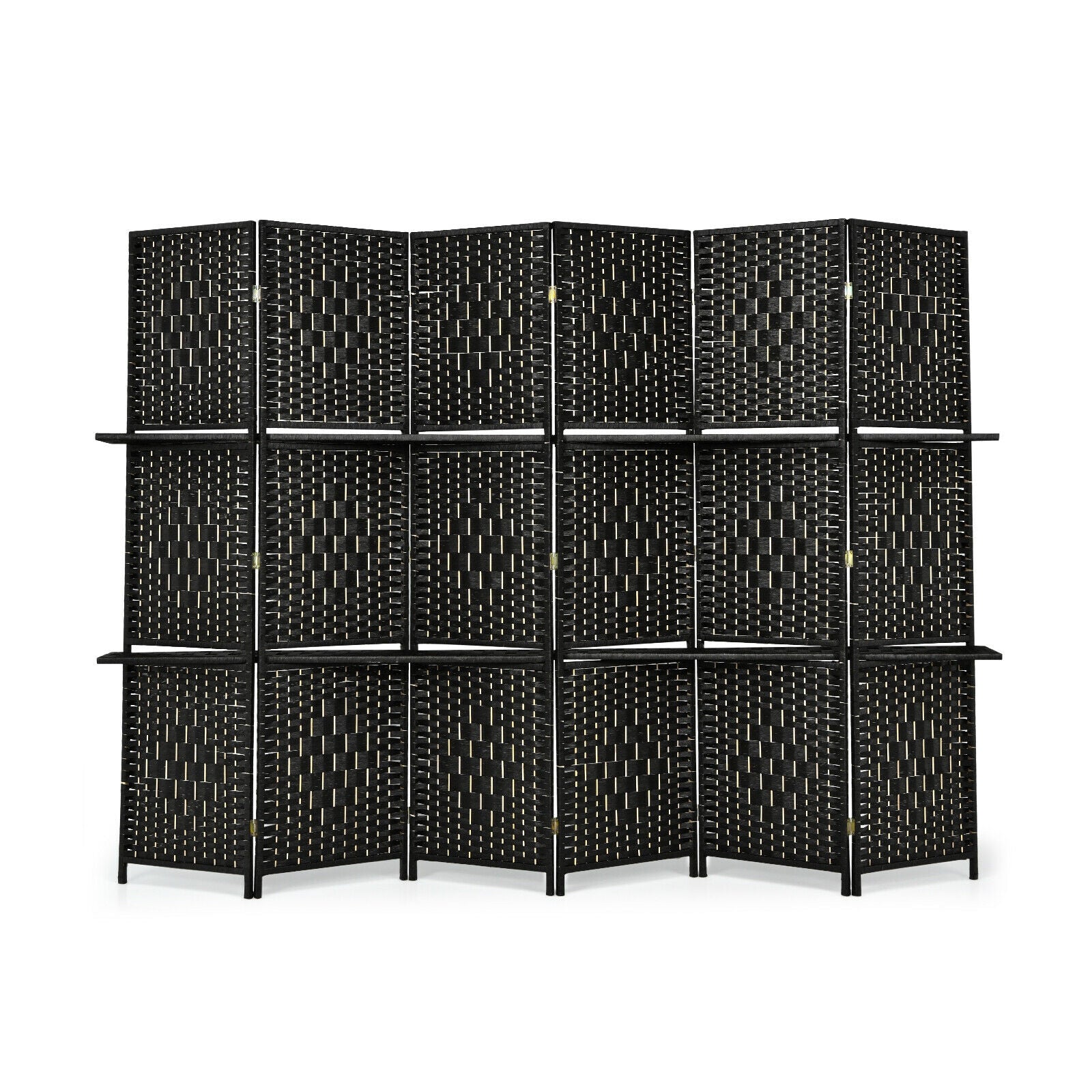 6 Panel Folding Weave Fiber Room Divider, 2 Display Shelves, Black Room Dividers at Gallery Canada
