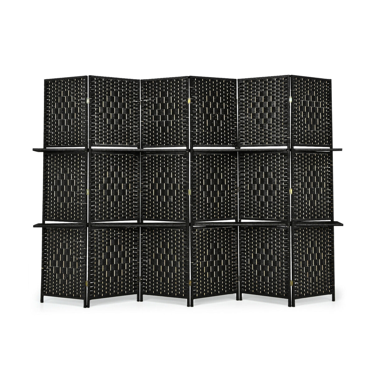 6 Panel Folding Weave Fiber Room Divider, 2 Display Shelves, Black Room Dividers at Gallery Canada