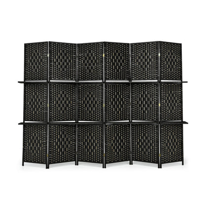 6 Panel Folding Weave Fiber Room Divider, 2 Display Shelves, Black Room Dividers at Gallery Canada