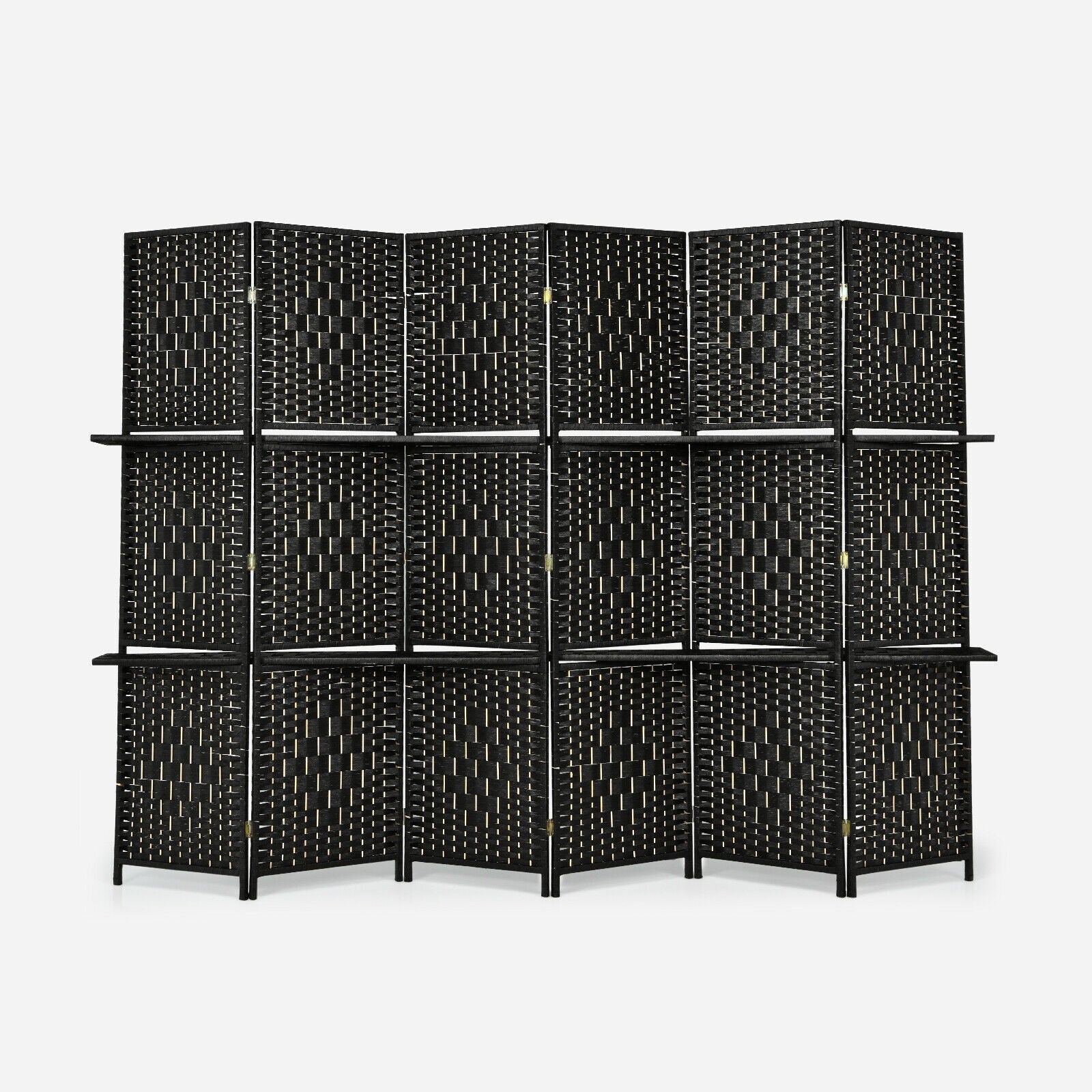 6 Panel Folding Weave Fiber Room Divider, 2 Display Shelves, Black Room Dividers at Gallery Canada