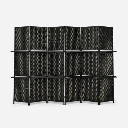 6 Panel Folding Weave Fiber Room Divider, 2 Display Shelves, Black Room Dividers at Gallery Canada