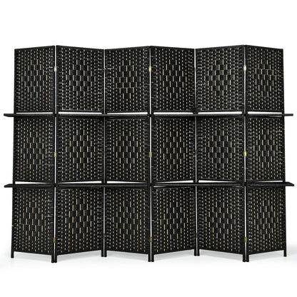 6 Panel Folding Weave Fiber Room Divider, 2 Display Shelves, Black Room Dividers Black at Gallery Canada