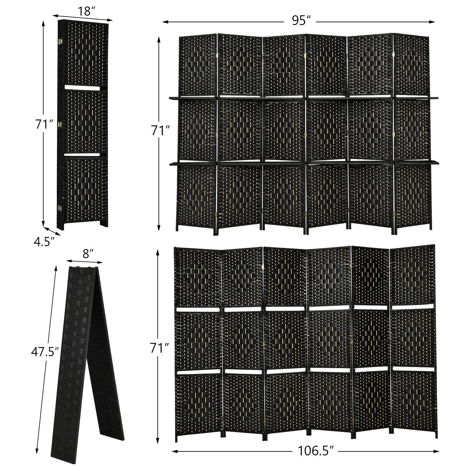 6 Panel Folding Weave Fiber Room Divider, 2 Display Shelves, Black Room Dividers at Gallery Canada