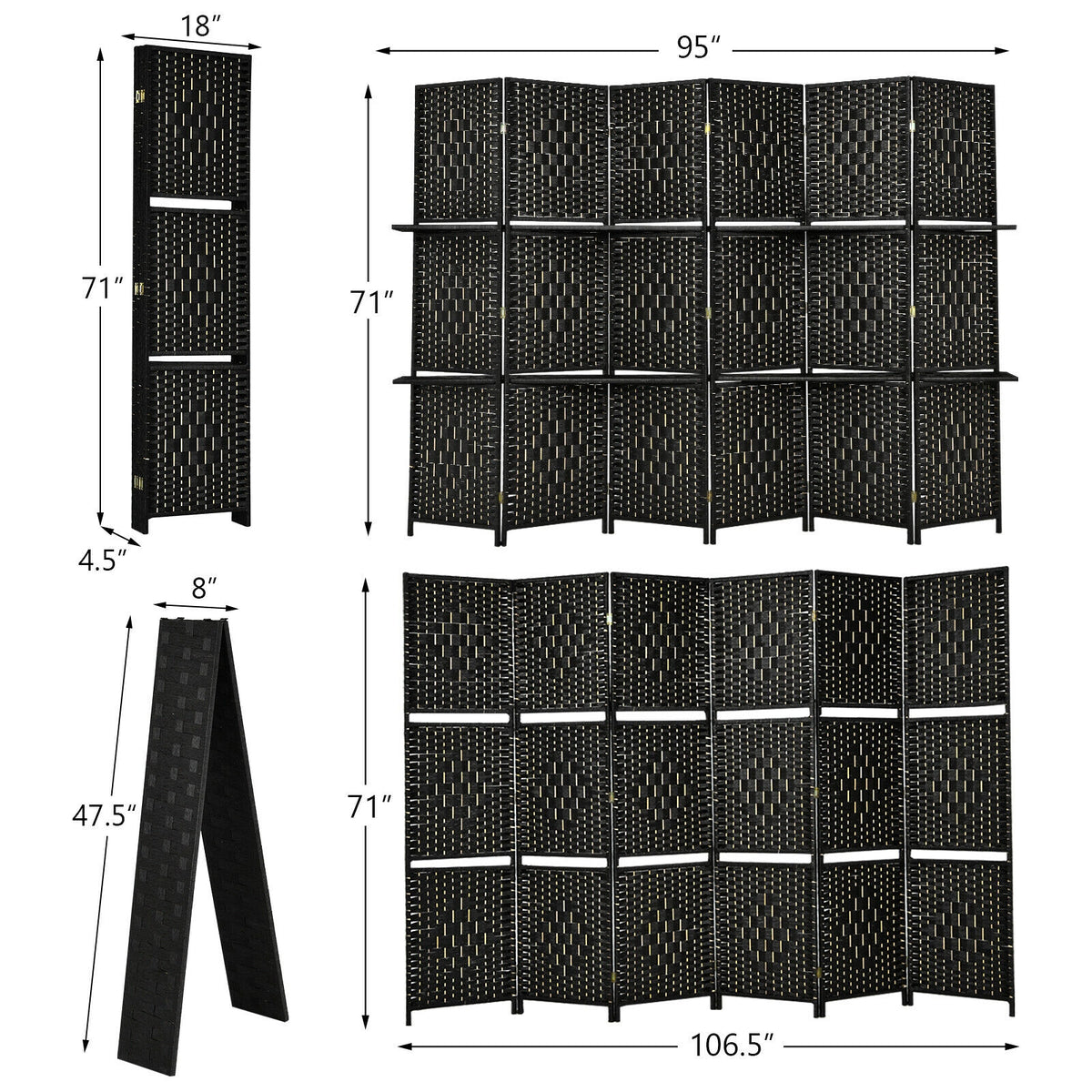 6 Panel Folding Weave Fiber Room Divider, 2 Display Shelves, Black Room Dividers at Gallery Canada