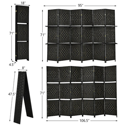 6 Panel Folding Weave Fiber Room Divider, 2 Display Shelves, Black Room Dividers at Gallery Canada