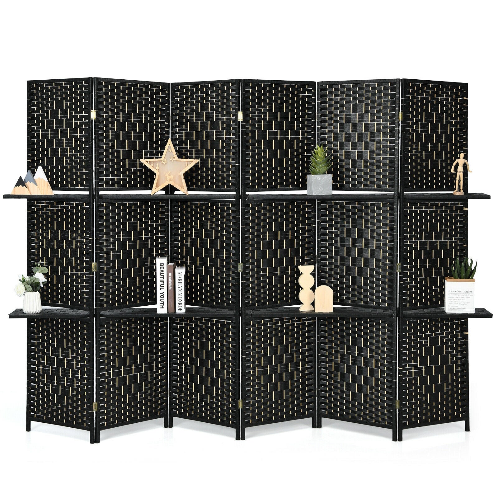 6 Panel Folding Weave Fiber Room Divider, 2 Display Shelves, Black Room Dividers at Gallery Canada