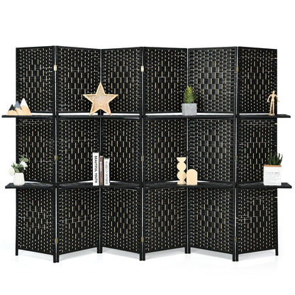 6 Panel Folding Weave Fiber Room Divider, 2 Display Shelves, Black Room Dividers at Gallery Canada