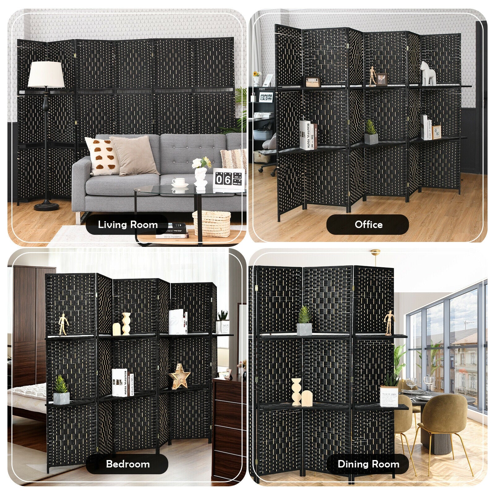 6 Panel Folding Weave Fiber Room Divider, 2 Display Shelves, Black Room Dividers at Gallery Canada