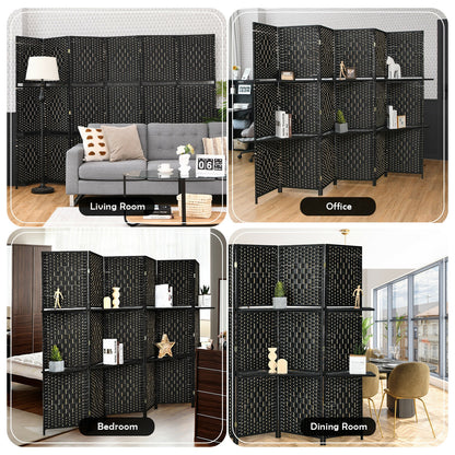 6 Panel Folding Weave Fiber Room Divider, 2 Display Shelves, Black Room Dividers at Gallery Canada