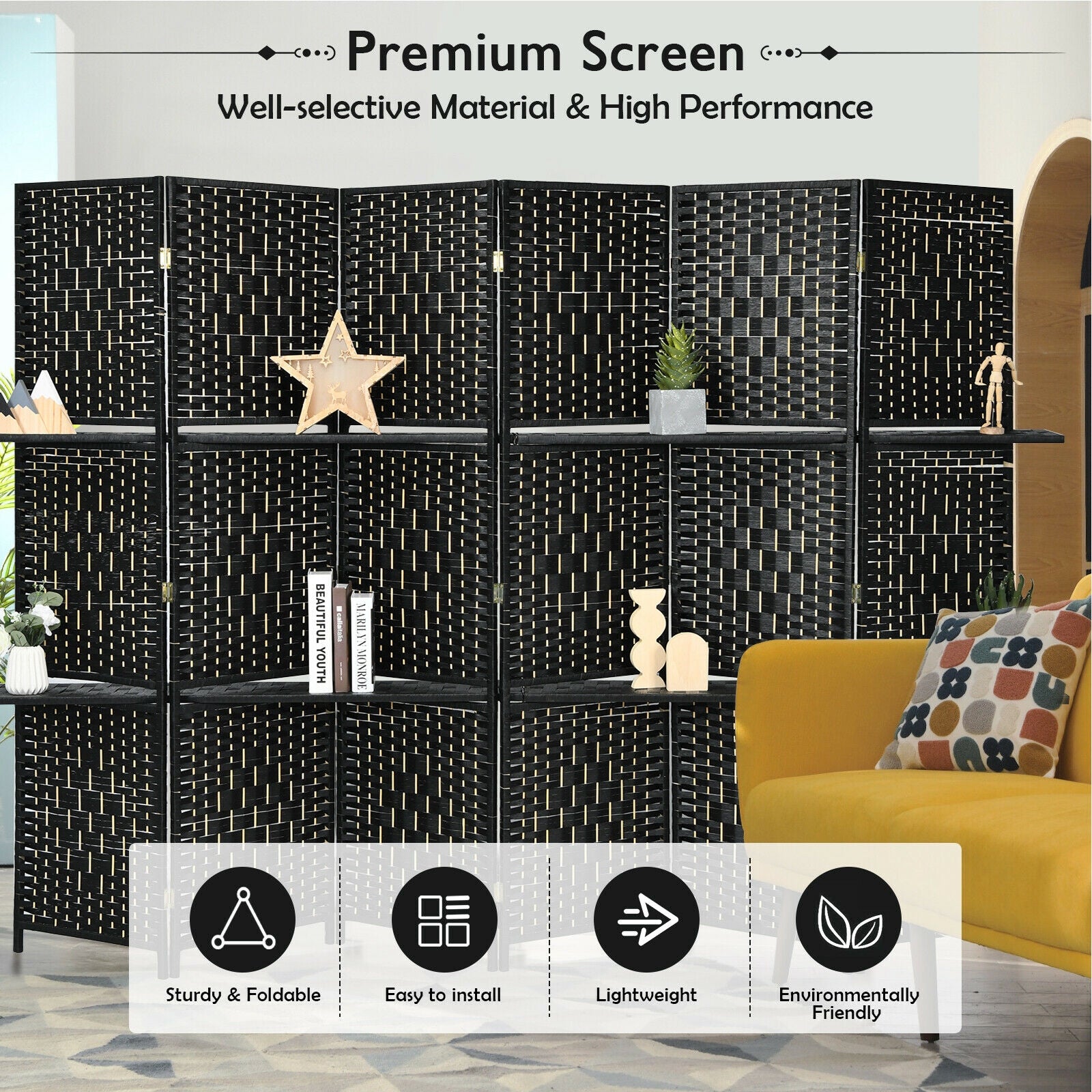 6 Panel Folding Weave Fiber Room Divider, 2 Display Shelves, Black Room Dividers at Gallery Canada